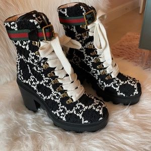 Gucci Tweed GG Monogram Lace Up Combat Ankle Boots 37 Black
